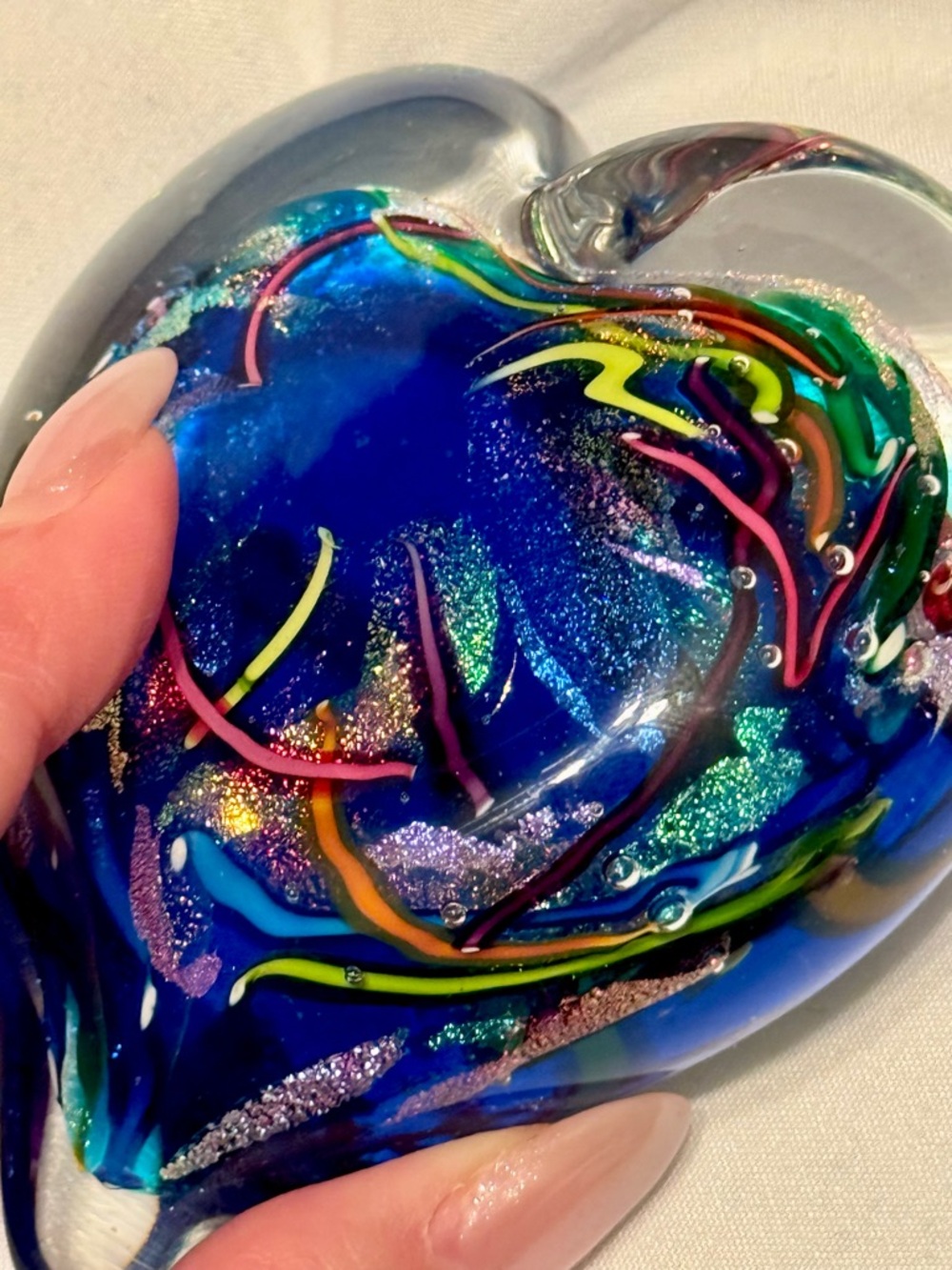 Handmade Glass Heart Paperweight with Multicolor Swirls